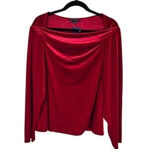 Lands End Festive Season Blouse Women's 1X Red Velvet Drape Neck Holiday Party